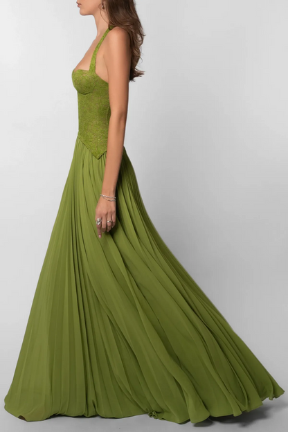 Women's Pleated Flowy Maxi Wedding Guest Dress with Sweetheart Neckline