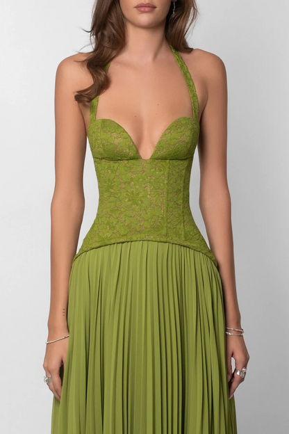 Women's Pleated Flowy Maxi Wedding Guest Dress with Sweetheart Neckline