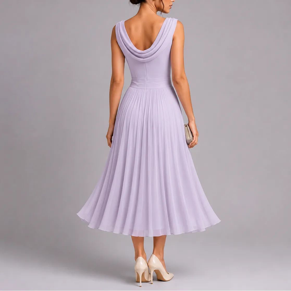 Women's Pleated Flowy Midi Wedding Guest Dress with Draped Neckline