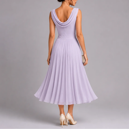 Women's Pleated Flowy Midi Wedding Guest Dress with Draped Neckline