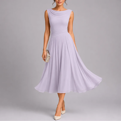 Women's Pleated Flowy Midi Wedding Guest Dress with Draped Neckline
