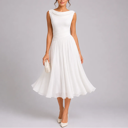 Women's Pleated Flowy Midi Wedding Guest Dress with Draped Neckline