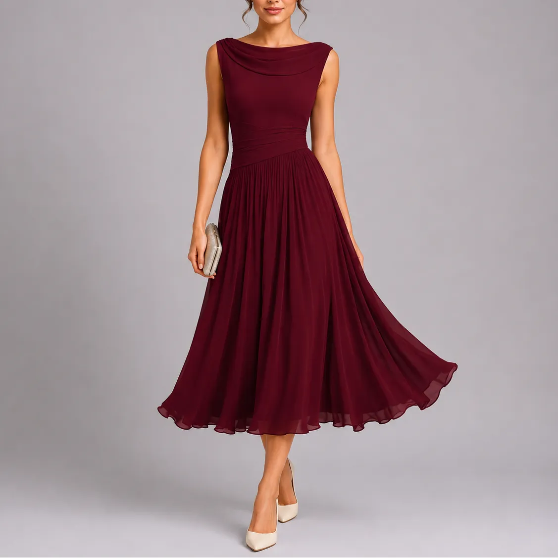 Women's Pleated Flowy Midi Wedding Guest Dress with Draped Neckline