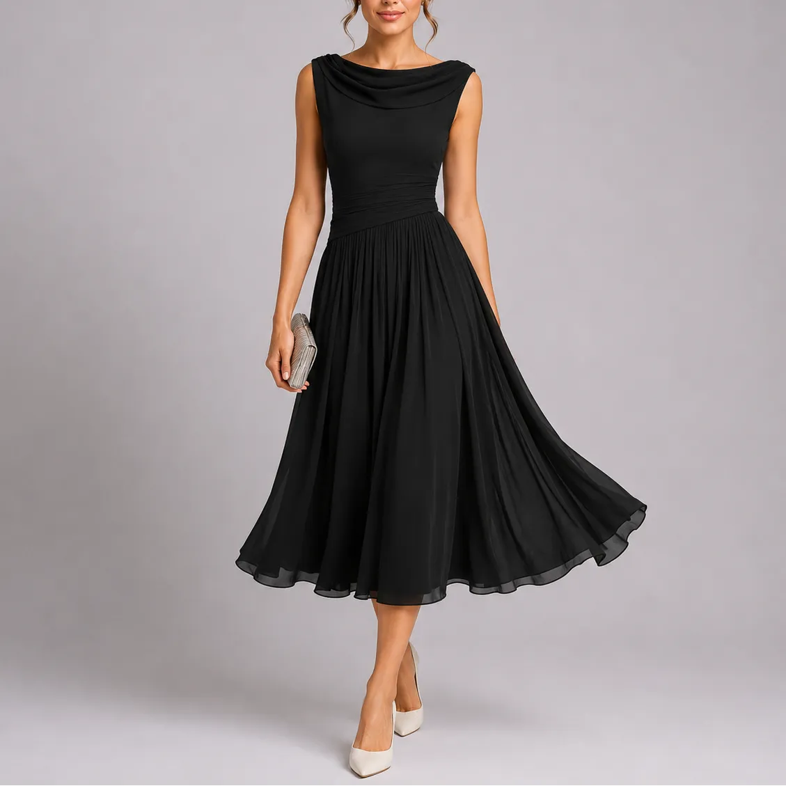 Women's Pleated Flowy Midi Wedding Guest Dress with Draped Neckline