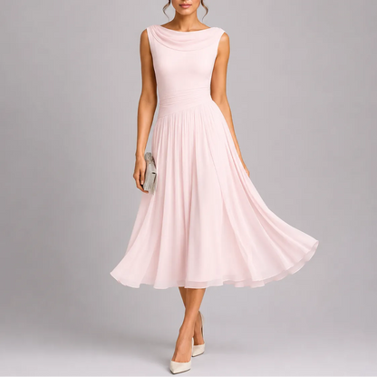 Women's Pleated Flowy Midi Wedding Guest Dress with Draped Neckline