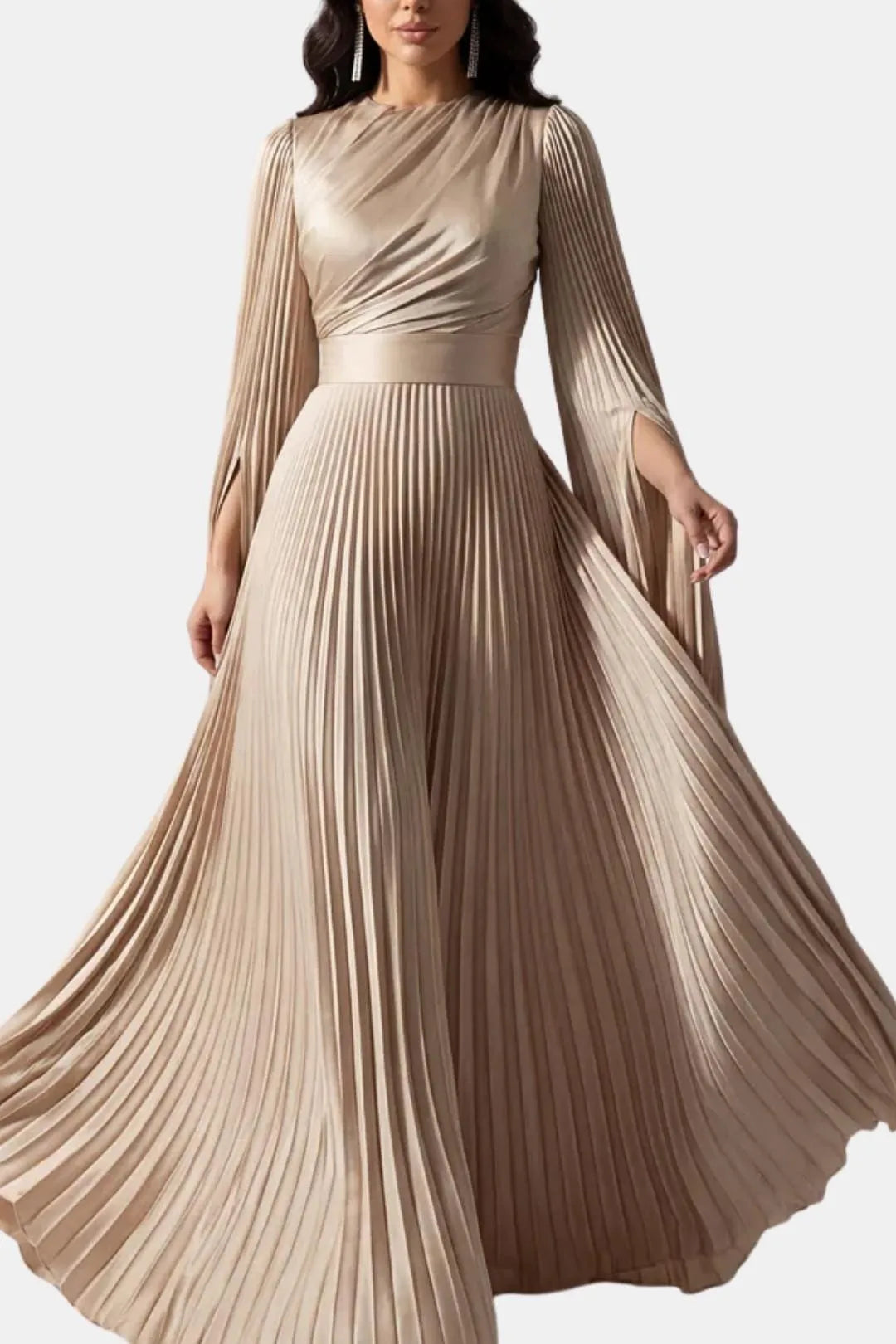 Women's Pleated Long Sleeve Maxi Wedding Guest Dress with High Neck