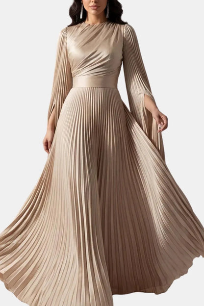 Women's Pleated Long Sleeve Maxi Wedding Guest Dress with High Neck