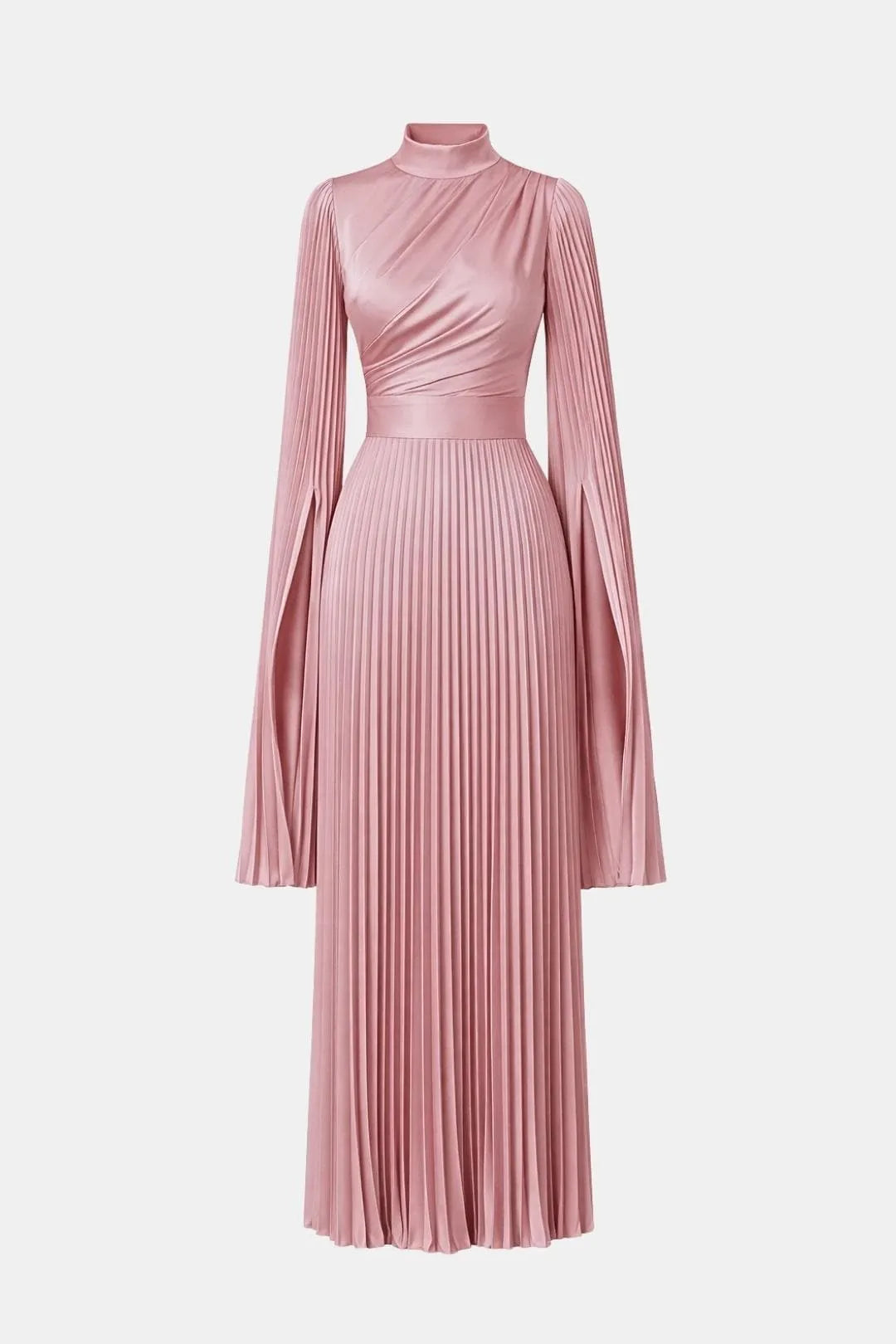 Women's Pleated Long Sleeve Maxi Wedding Guest Dress with High Neck