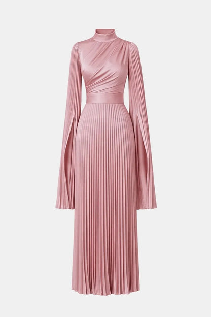 Women's Pleated Long Sleeve Maxi Wedding Guest Dress with High Neck