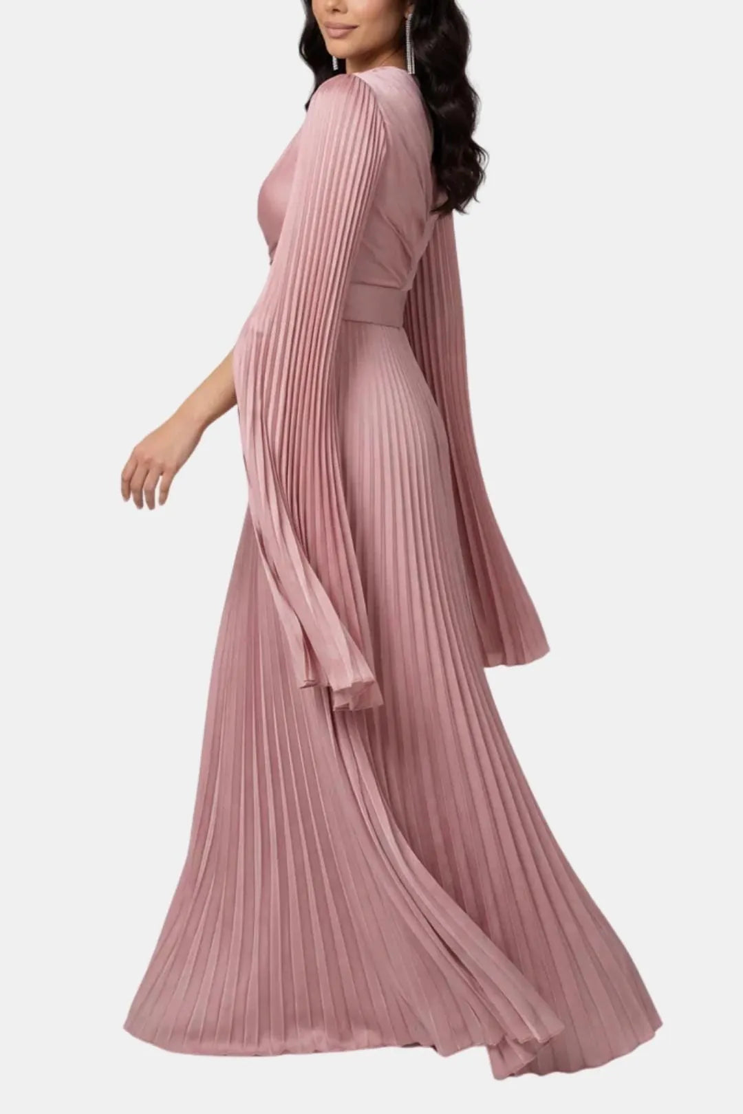 Women's Pleated Long Sleeve Maxi Wedding Guest Dress with High Neck