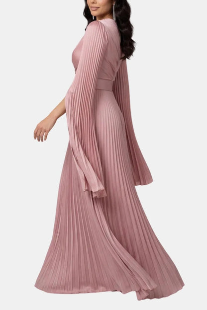Women's Pleated Long Sleeve Maxi Wedding Guest Dress with High Neck