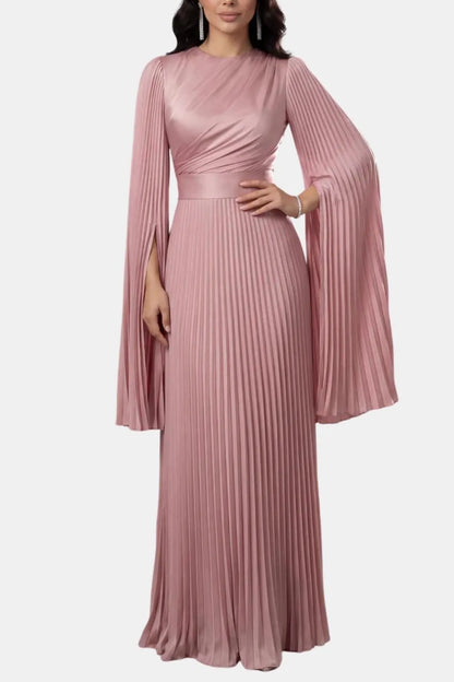 Women's Pleated Long Sleeve Maxi Wedding Guest Dress with High Neck