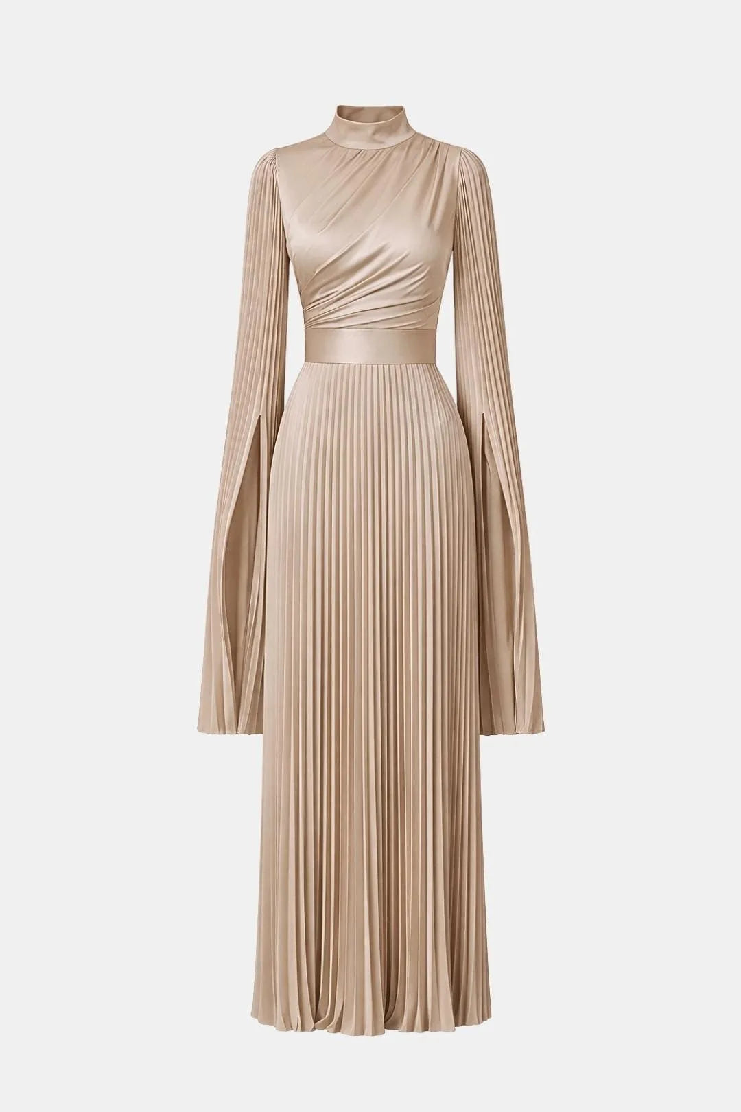Women's Pleated Long Sleeve Maxi Wedding Guest Dress with High Neck