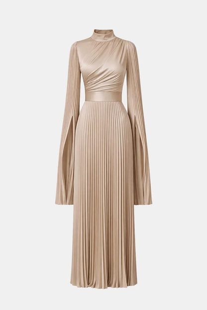 Women's Pleated Long Sleeve Maxi Wedding Guest Dress with High Neck