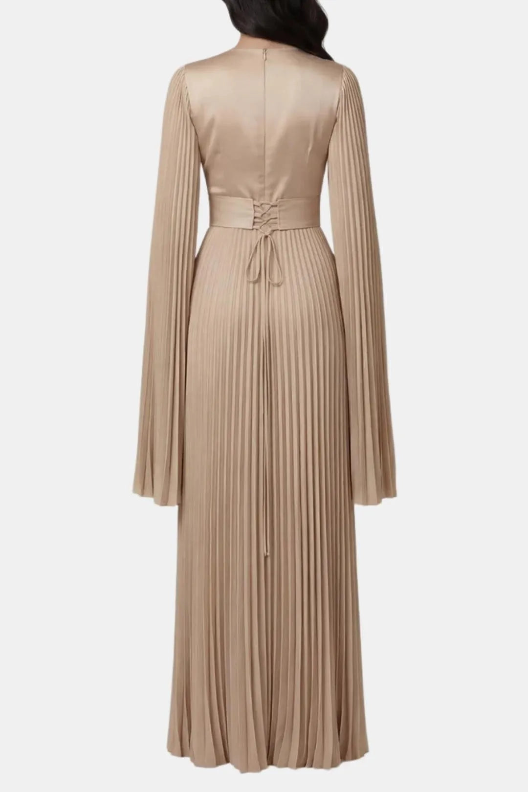 Women's Pleated Long Sleeve Maxi Wedding Guest Dress with High Neck