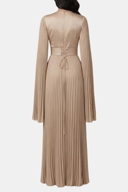 Women's Pleated Long Sleeve Maxi Wedding Guest Dress with High Neck