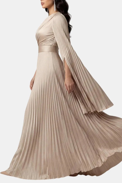 Women's Pleated Long Sleeve Maxi Wedding Guest Dress with High Neck