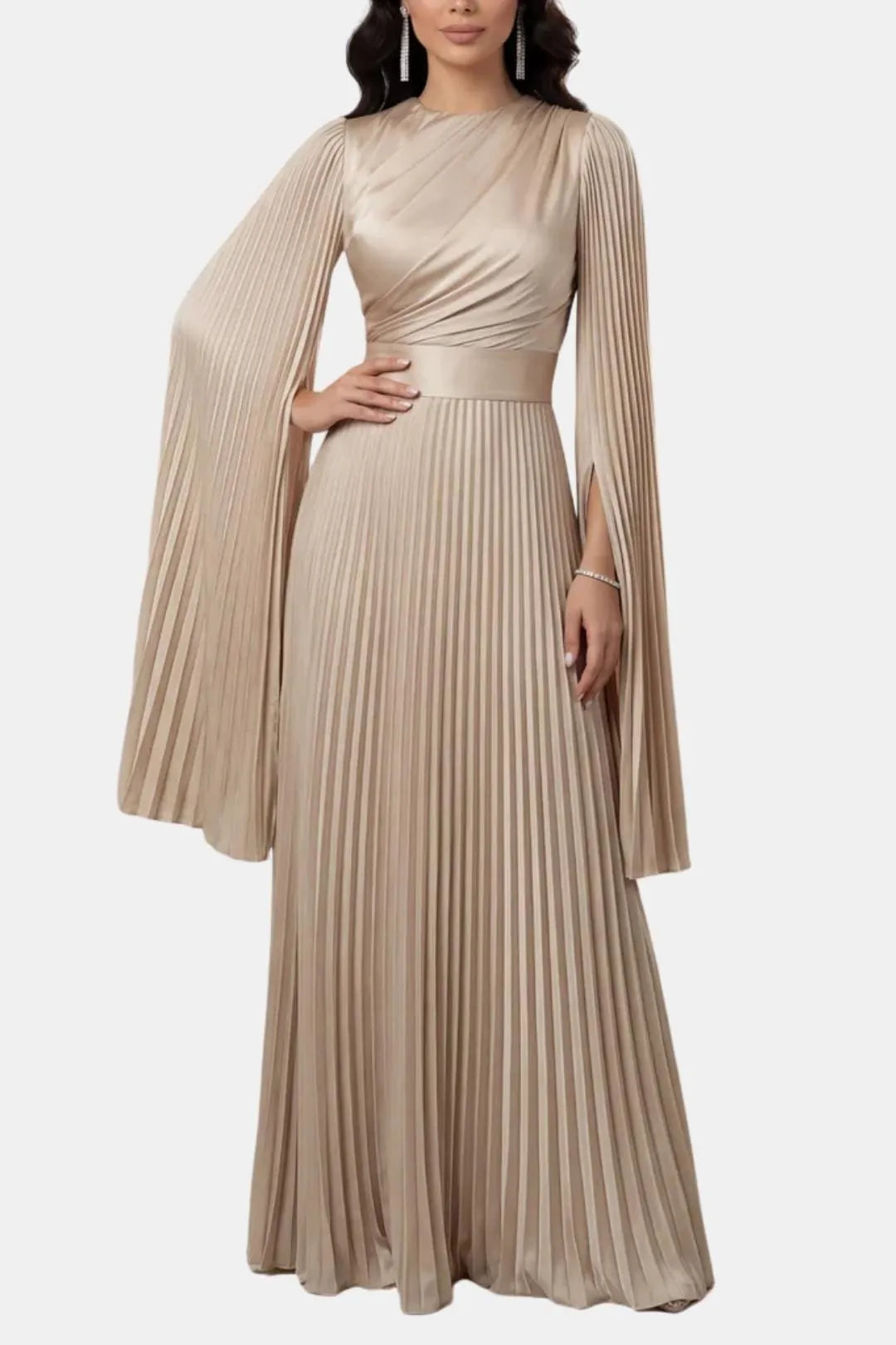Women's Pleated Long Sleeve Maxi Wedding Guest Dress with High Neck