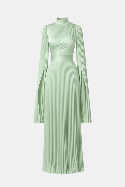 Women's Pleated Long Sleeve Maxi Wedding Guest Dress with High Neck