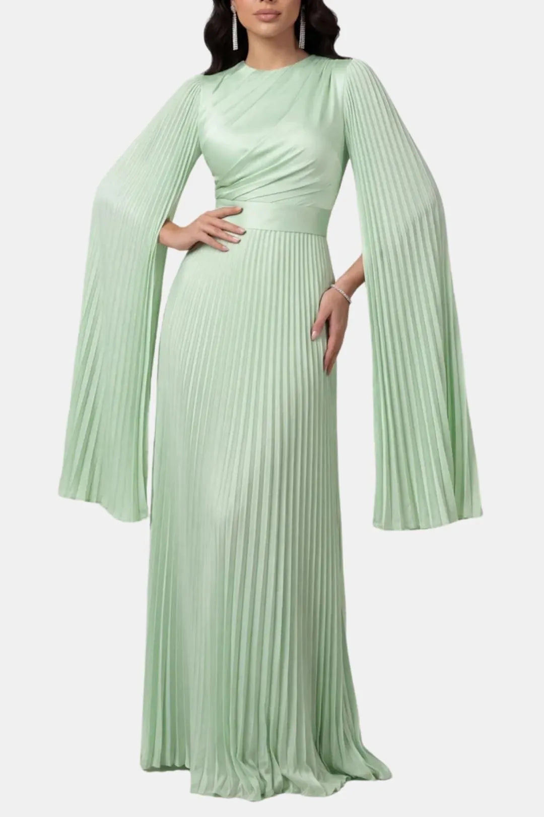 Women's Pleated Long Sleeve Maxi Wedding Guest Dress with High Neck