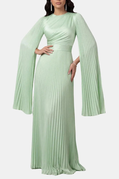 Women's Pleated Long Sleeve Maxi Wedding Guest Dress with High Neck