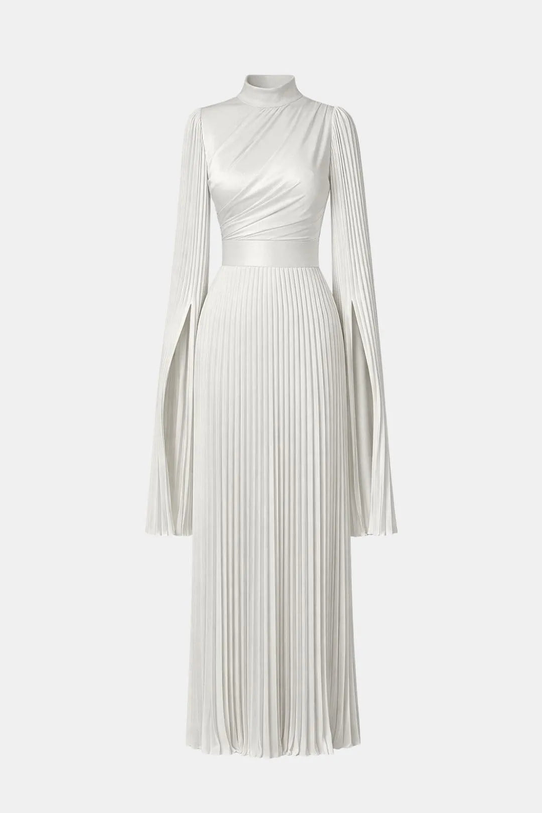 Women's Pleated Long Sleeve Maxi Wedding Guest Dress with High Neck