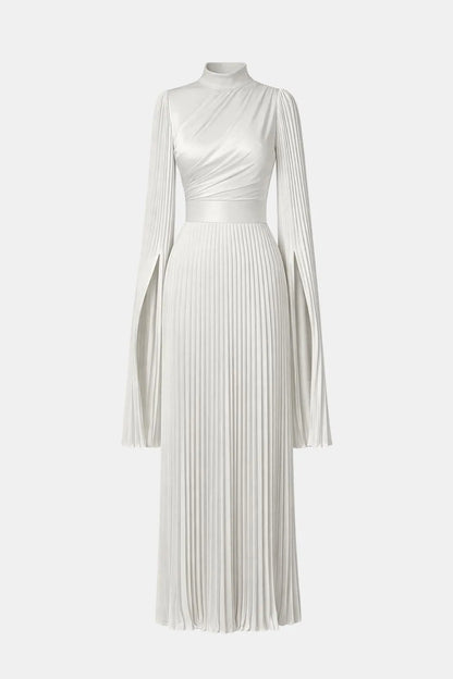 Women's Pleated Long Sleeve Maxi Wedding Guest Dress with High Neck