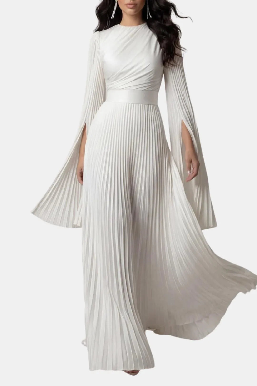 Women's Pleated Long Sleeve Maxi Wedding Guest Dress with High Neck