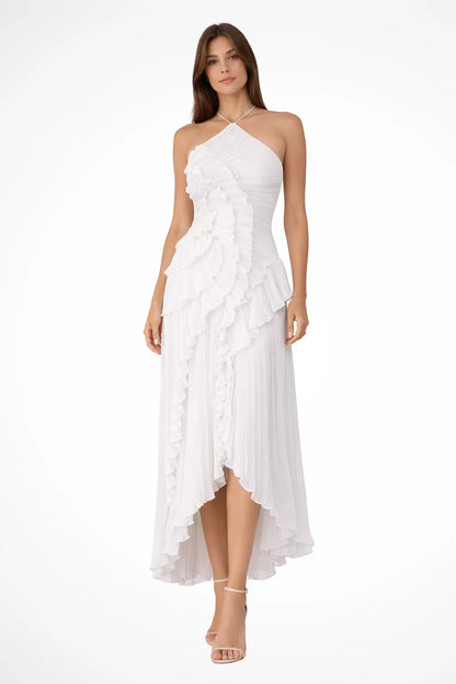 Women’s Pleated Ruffle Maxi Wedding Guest Dress with Open Back