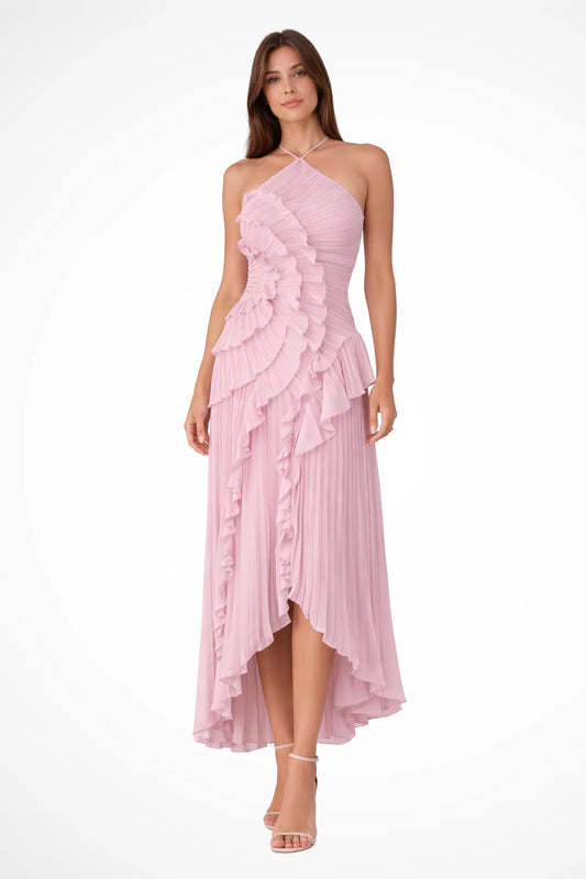 Women’s Pleated Ruffle Maxi Wedding Guest Dress with Open Back