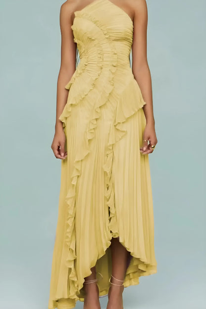 Women’s Pleated Ruffle Maxi Wedding Guest Dress with Open Back