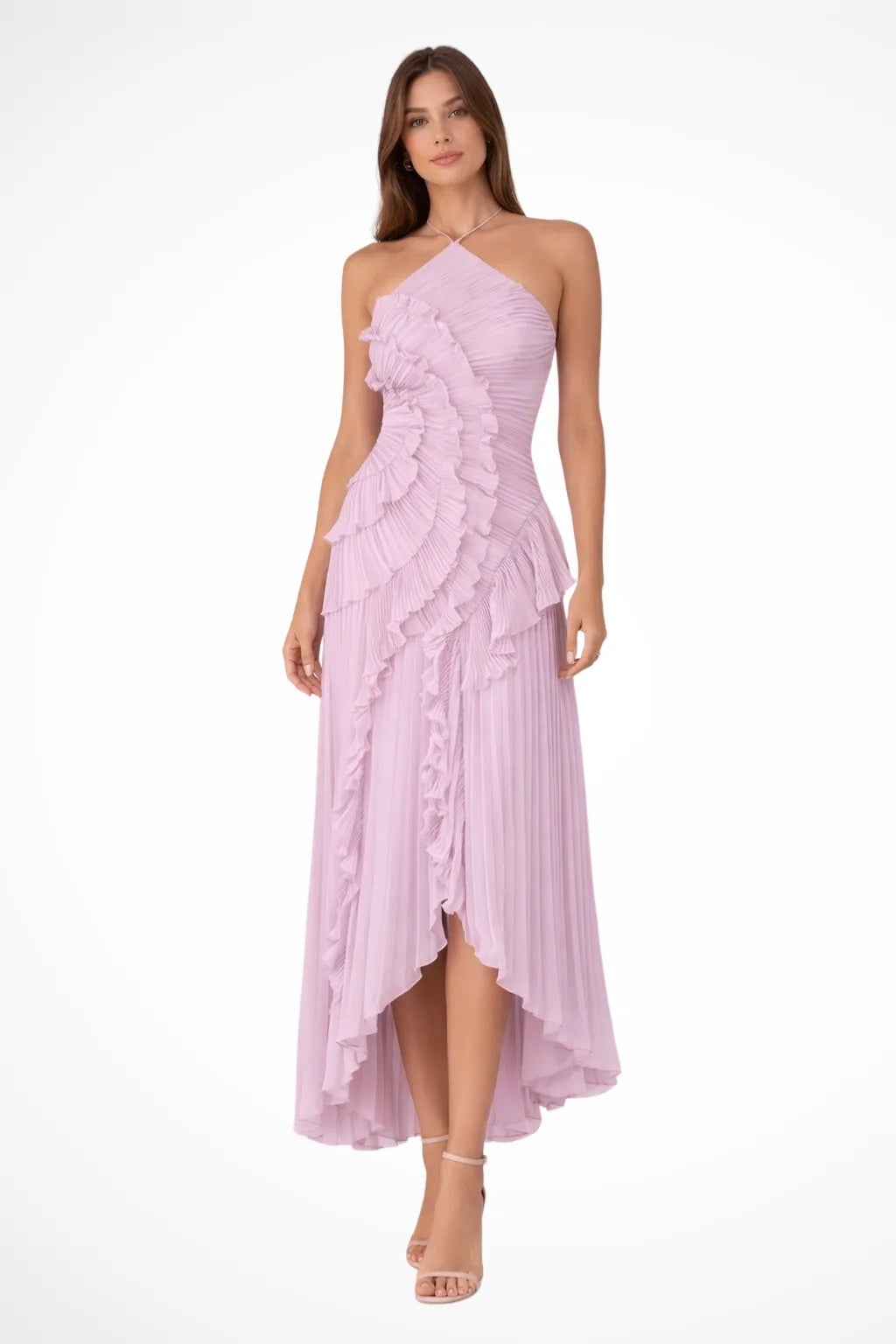 Women’s Pleated Ruffle Maxi Wedding Guest Dress with Open Back