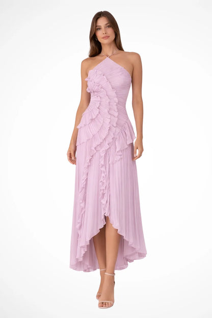 Women’s Pleated Ruffle Maxi Wedding Guest Dress with Open Back