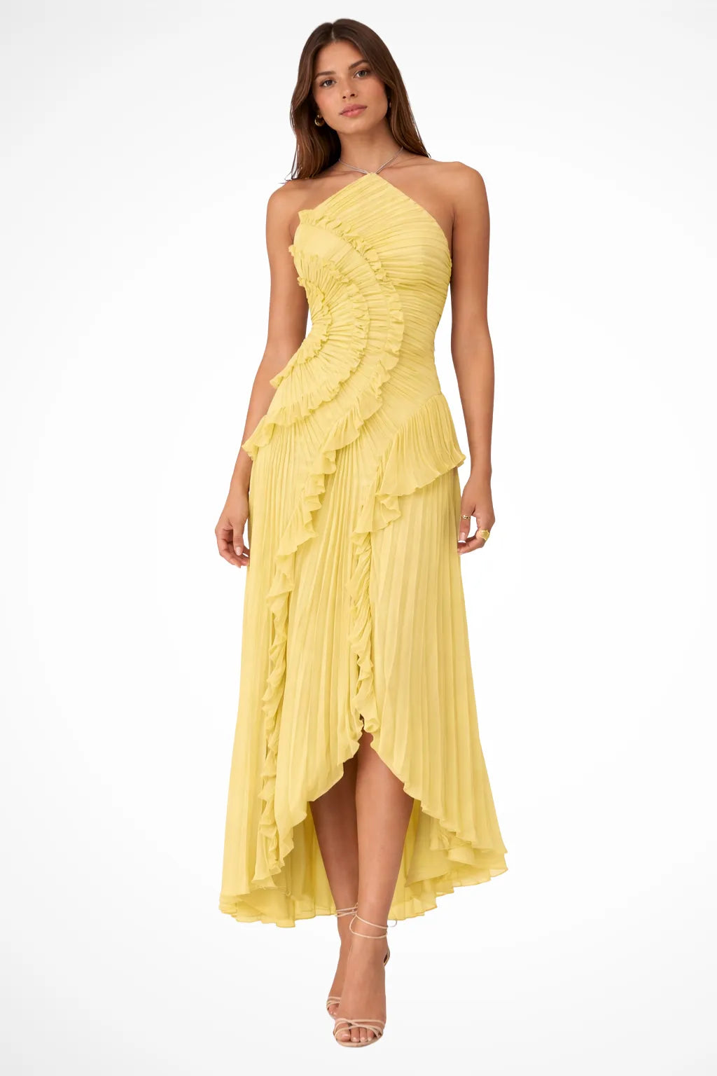 Women’s Pleated Ruffle Maxi Wedding Guest Dress with Open Back