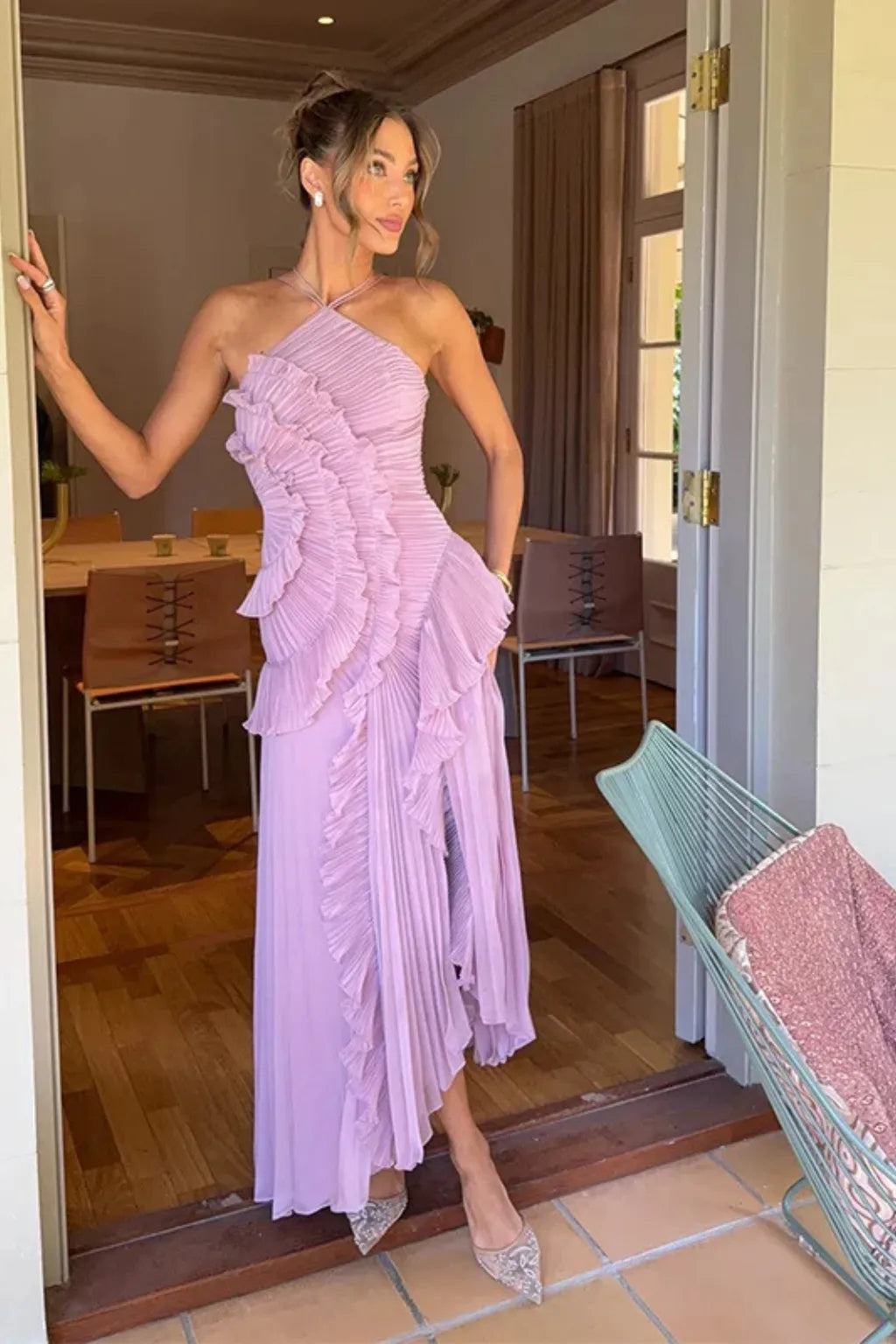Women’s Pleated Ruffle Maxi Wedding Guest Dress with Open Back