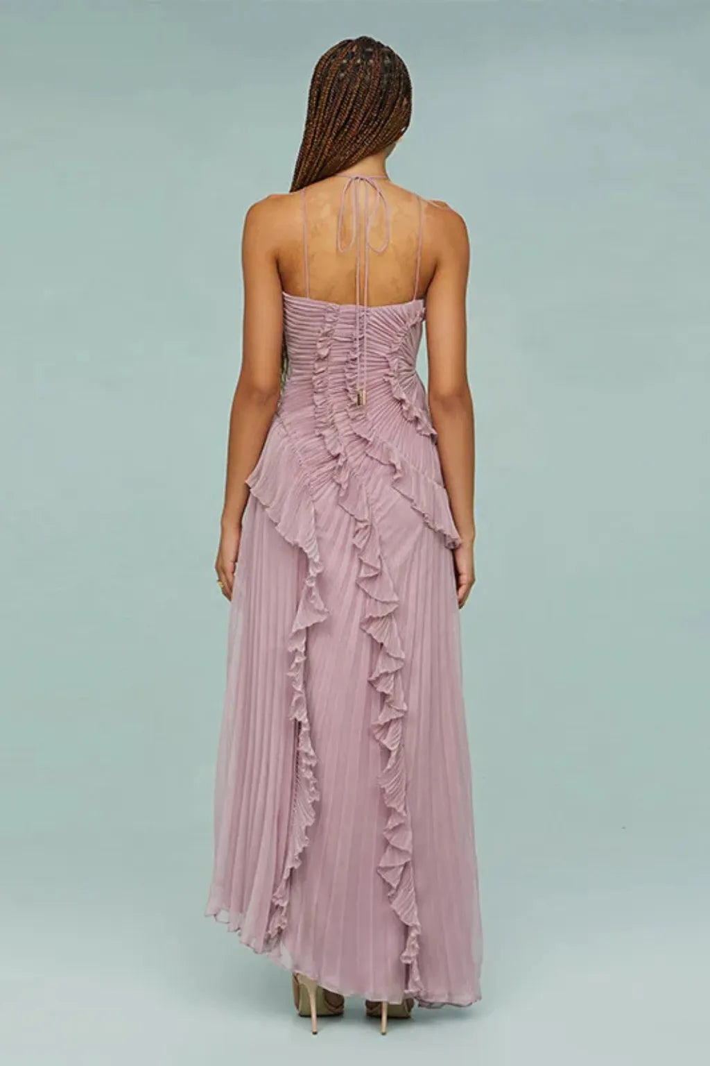 Women’s Pleated Ruffle Maxi Wedding Guest Dress with Open Back