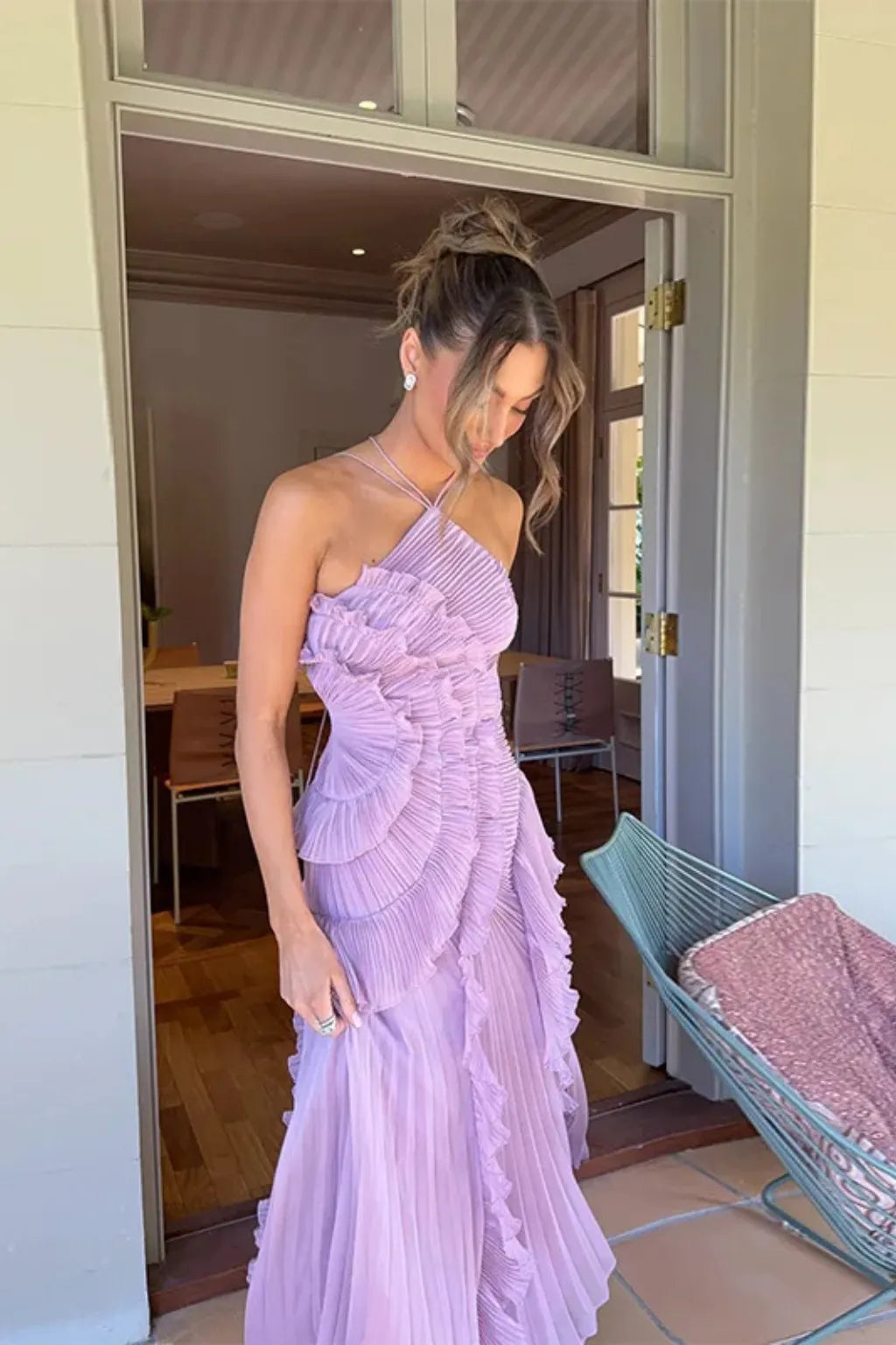 Women’s Pleated Ruffle Maxi Wedding Guest Dress with Open Back