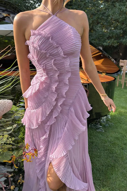 Women’s Pleated Ruffle Maxi Wedding Guest Dress with Open Back
