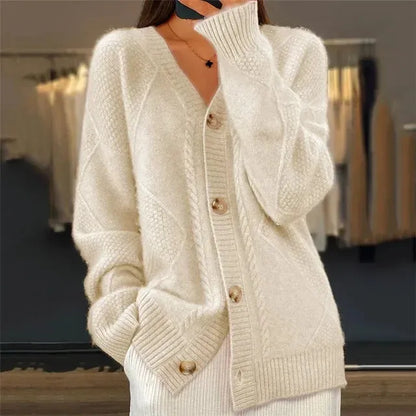 Women's Ribbed Cardigan with Button Closure and Ribbed Hem