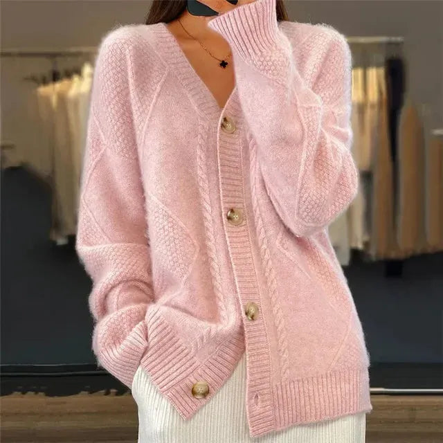 Women's Ribbed Cardigan with Button Closure and Ribbed Hem