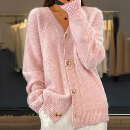 Women's Ribbed Cardigan with Button Closure and Ribbed Hem
