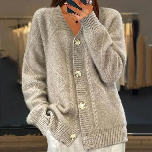 Women's Ribbed Cardigan with Button Closure and Ribbed Hem