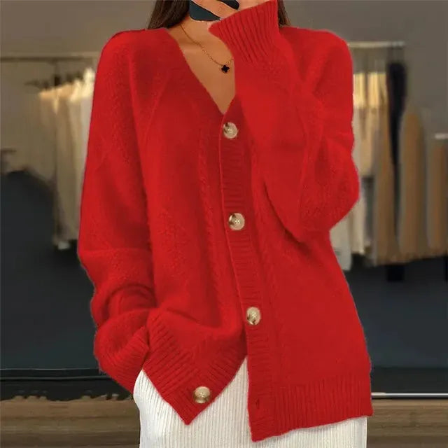Women's Ribbed Cardigan with Button Closure and Ribbed Hem