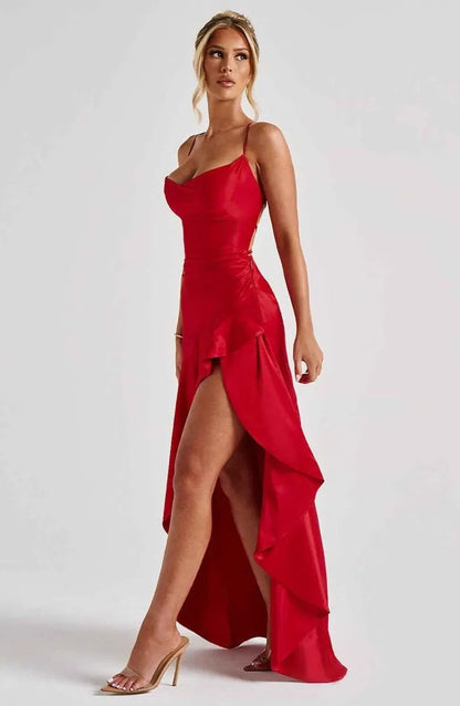 Women's Ruched Flowy Maxi Wedding Guest Dress with Sweetheart Neckline