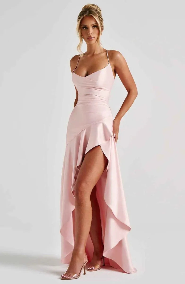 Women's Ruched Flowy Maxi Wedding Guest Dress with Sweetheart Neckline