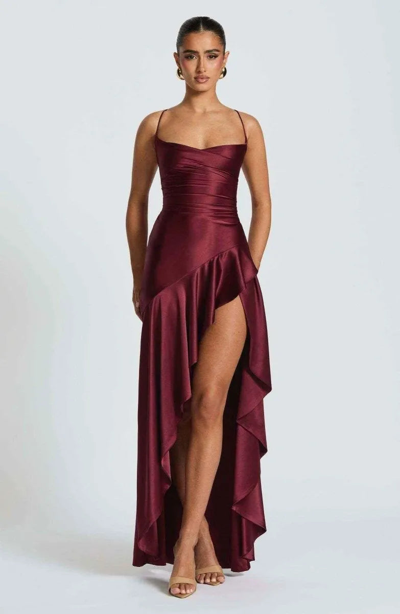Women's Ruched Flowy Maxi Wedding Guest Dress with Sweetheart Neckline