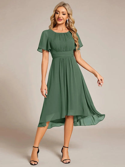 Women's Ruched Flowy Midi Wedding Guest Dress with Flutter Sleeves