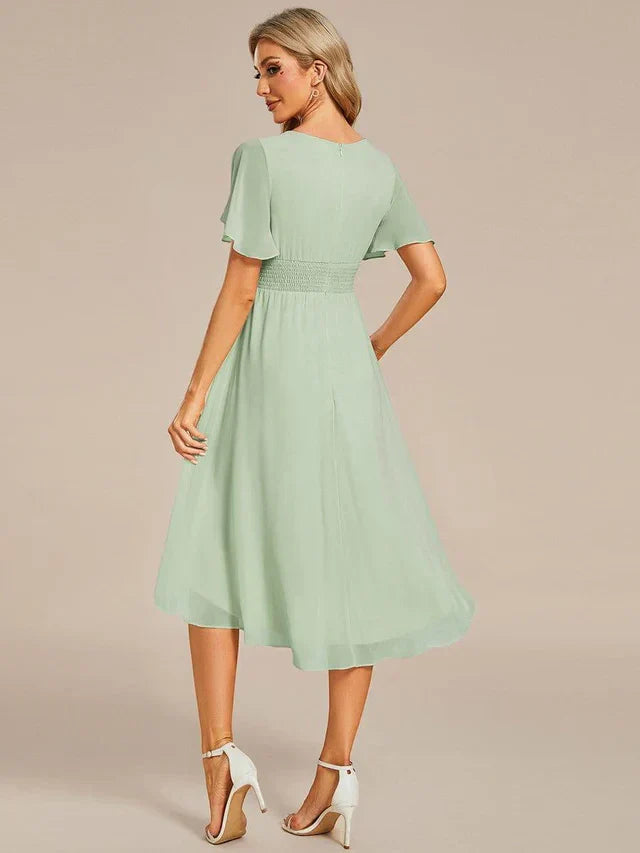 Women's Ruched Flowy Midi Wedding Guest Dress with Flutter Sleeves