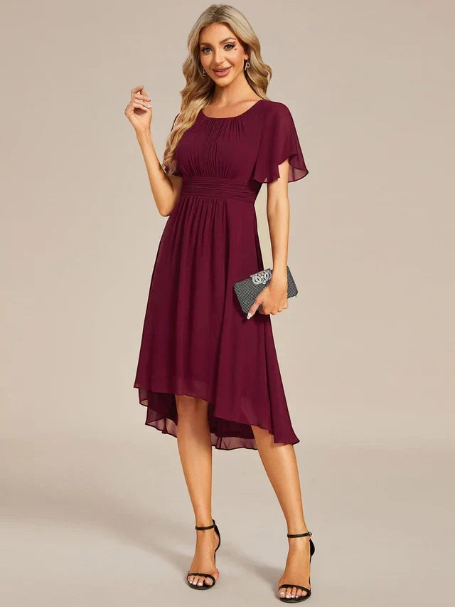 Women's Ruched Flowy Midi Wedding Guest Dress with Flutter Sleeves