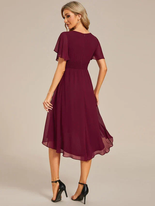Women's Ruched Flowy Midi Wedding Guest Dress with Flutter Sleeves